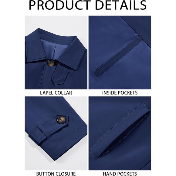 💫 Men Blue Mid Long Trench Coat Single Breasted Slim Fit Casual Fall Jackets - Picture 5 of 5